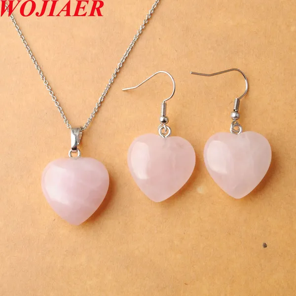 Conjuntos de jóias de colar de pedra natural para mulher, rosa quartzo pingente de coração brincos de casamento de noiva O9498