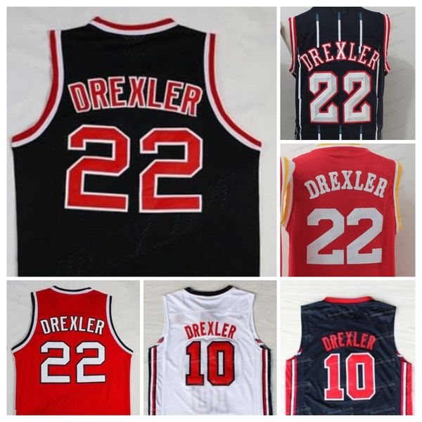 22 Clyde Drexler Black Basketball Jersey 1992 USA Jerseys Mens ritsed Red Red White Mesh Breathable