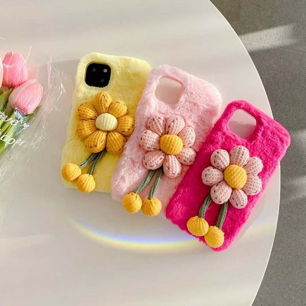 Capas de pelúcia de girassol amarelo 3D para iPhone 15 14 13 Pro Max 12 11 X XS XR 8 7 6 Plus Moda Genuína Cabelo de Coelho Flor Floral Pele Fofa Meninas Macias TPU Fuzzy Capa Móvel