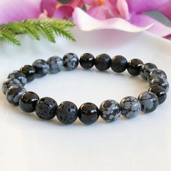 MG1556 Strand Genuine Natural Black Tourmaline e Snowflake Obsidian Bracelet Womens Essential ￓleo Difusor Mala Prote￧￣o de Energia Mala