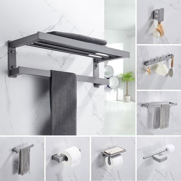 Set di accessori per il bagno Accessori per il bagno Pistola Hardware grigio Porta asciugamani Porta carta Scopino per WC Ganci per accappatoi Mensola