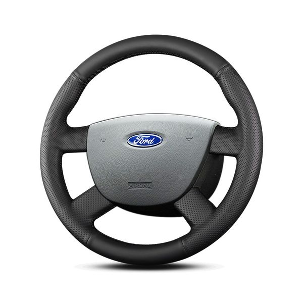 Tampa de volante costurada em couro preto personalizado para Ford 07-13 Focus 09-16 Transit