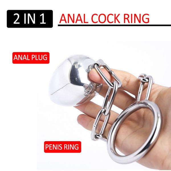 Articoli di bellezza 29CM Catena in acciaio inossidabile Plug anale con anello per il pene BDSM Punizione Giocattoli sexy per adulti Per uomini Butt Dilator Masturbatori