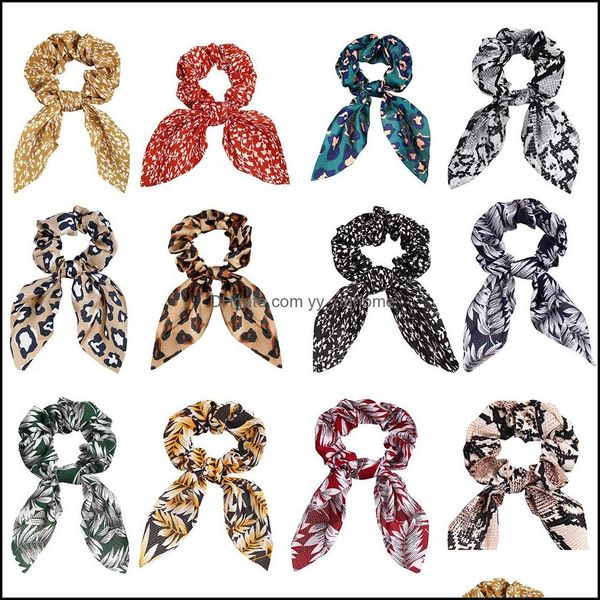 Elastici per capelli Accessori per fasce per capelli Stampa leopardata Orecchie di coniglio Bowknot Intestino crasso Cravatte per le donne Copricapo Drop Delive Dhl7G