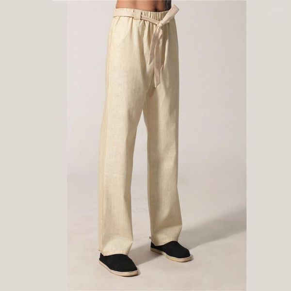 Pantagens bege de roupas étnicas calças chinesas de lençóis de algodão masculino de algodão wu shu de alta qualidade m-3xl solto