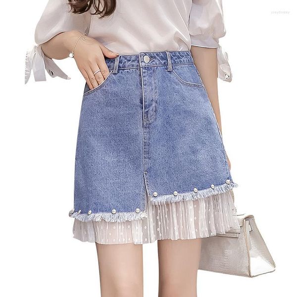 Gonne Delle Ragazze Soffici Sexy Corta Denim Gonna di Perline Plus Size Falda Estetica Estate 2022 Moda Coreana Maglia Cuciture Irregolari