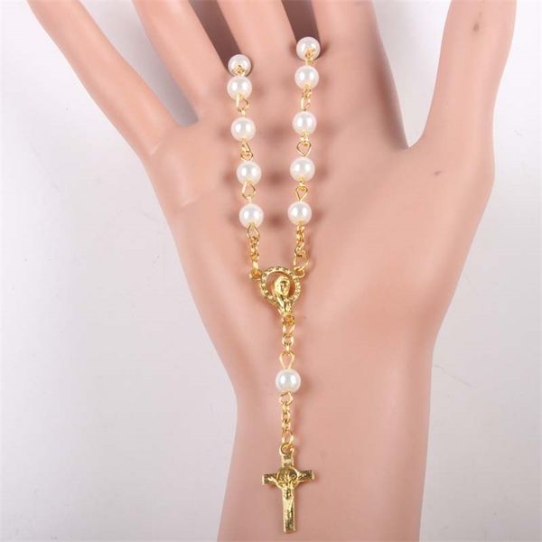 Bracciale religioso vintage con preghiera da donna, perline cristiane, catena di perle di vetro, bracciale religioso cattolico, rosario, colore oro 220831