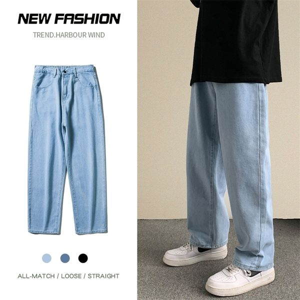 Herren Jeans Frühling Sommer Streetwear Baggy Männer Koreanische Mode Lose Gerade Breite Bein Hosen Männliche Marke Kleidung Schwarz Hellblau 220831