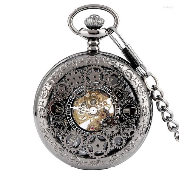 Relógios de bolso steampunk roda hollow manual mecânica relógio de ouro algarismos romanos exibir enrolamento de mão Relógio retrô Presente masculino