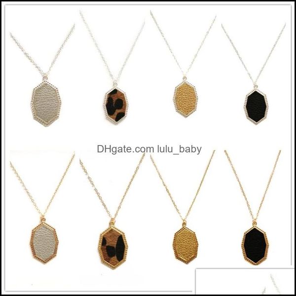 Colares pendentes Designer Hexagonal Prism Leopard Pu Colar Pingente Pingente Chain de Metal para Mulheres Jóias Geométricas Diração Droga Dhjiy