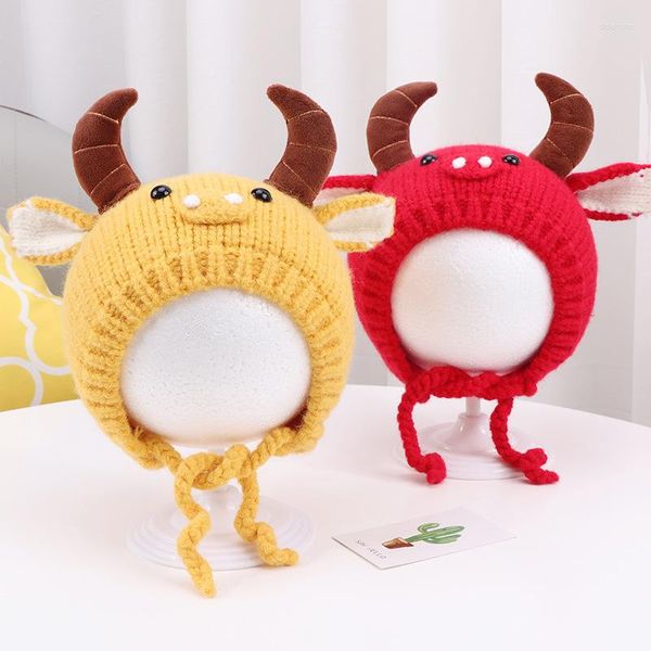 Hüte Nette Horn Stricken Baby Hut Cartoon Sturmhaube Mit Ohren Für Geborenen Jungen Earflap Warme Mütze Winter Kinder Beanie ohrenklappen