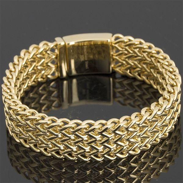 Pulseira de lúcleo de lútura de ouro amarelo para homens 18 mm de largura de aço inoxidável masculino Bracelets de metal de jóias de metal para namorado 220831