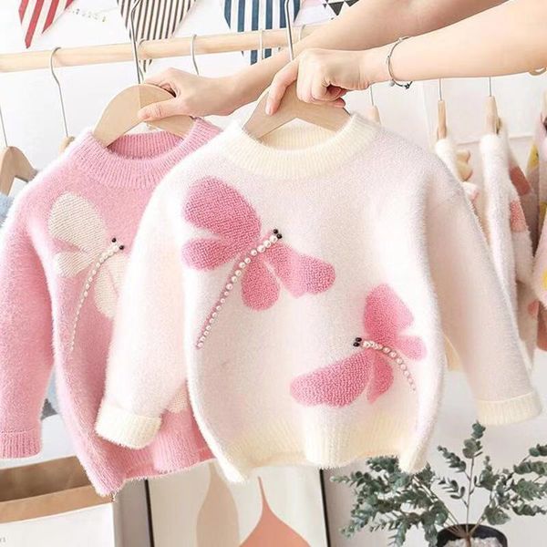 Pullover Pullover Mädchen Libelle Muster Nerz Fleece Winter Kleidung Kinder Pullover Strickwaren Pullover Kinder Kleidung 20220831 E3