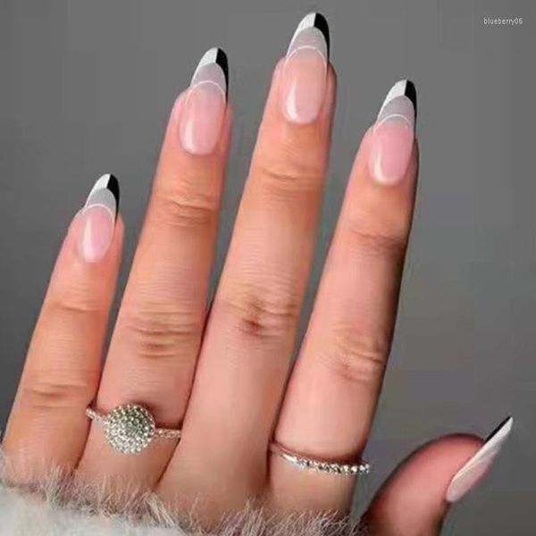 Unghie finte 24pcs Nero Bianco Falso Testa a punta lunga Stile francese Finito Manicure fai da te Pezzo di strass Artificiale Remov