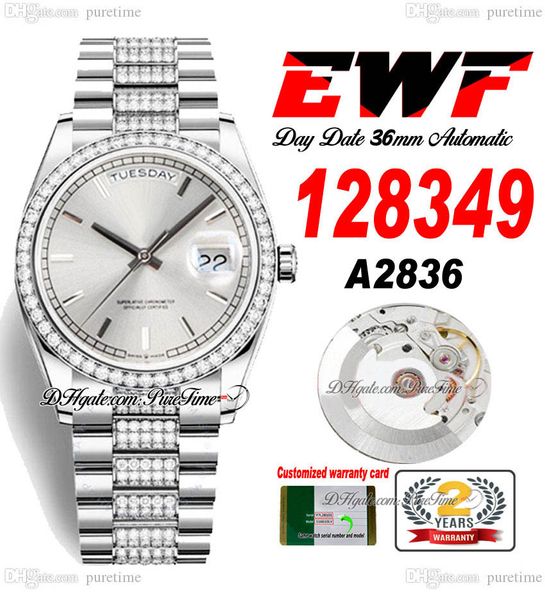 EWF -Tag Datum 128349 A2836 Automatic Unisex Watch Mens Ladies 36 Silver Stick Dial Diamonds Fall und Präsidentschaftsarmband gleiche Serienkarte Super Edition Rein Edition A1