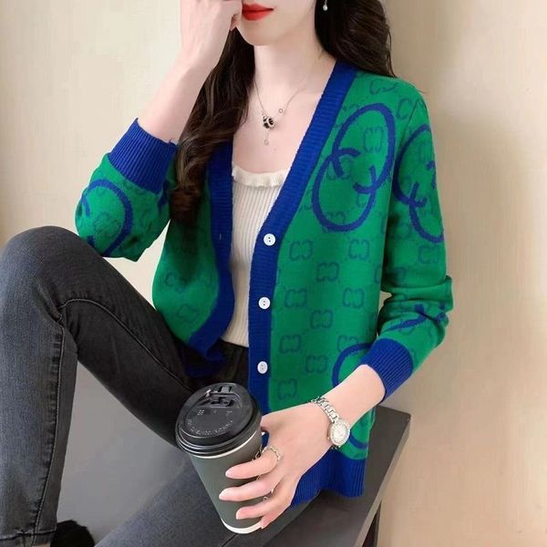 Mais recente feminino verde mangas compridas suéter de malha designer outono inverno cardigãs de malha casaco solto suéteres de letras duplas impressos senhoras roupas exteriores grossas streetwear