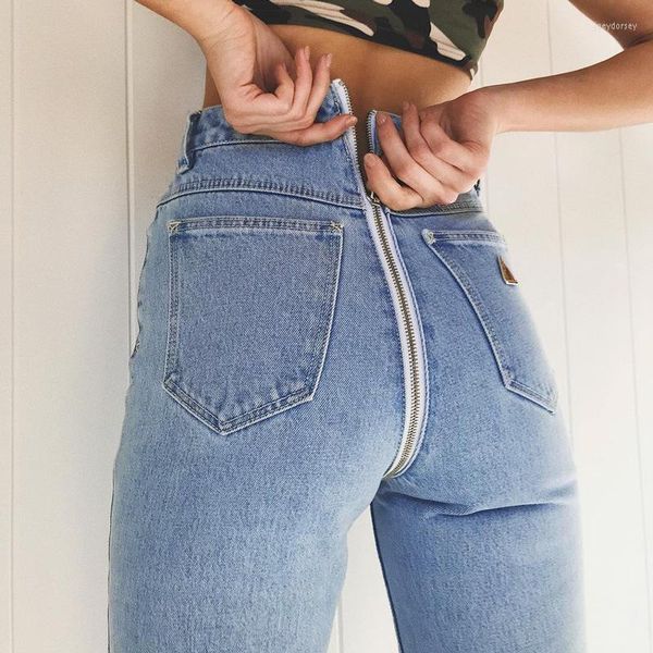 Jeans feminino 2022 Feminino Sexy Back Zipper Long Women Classic Classic High Cídhar Skinny Lápis Light Blue Jeants elástico elástico