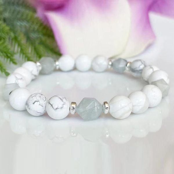 MG1580 Strand Diamond Cut Acquamarina Howlite Gemstone Bracciale Ansia Relief Bracciale Guarigione Cristalli Calmanti Mala Bracciali