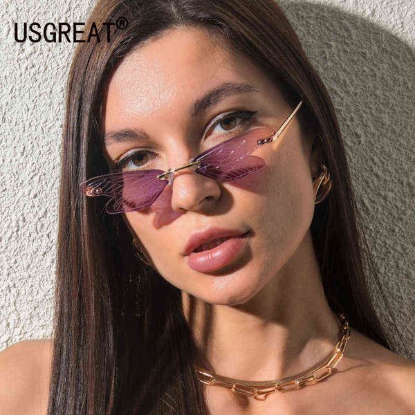 Óculos de sol Moda Dragonfly Wing Sunglasses Mulheres sem aro olho de gato de sol dos óculos homens Mulheres UV400 Eyewear tendência de óculos estreitos T220831