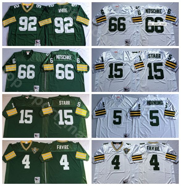 NCAA Futebol 92 Reggie Branco 4 Brett Favre Jersey 15 Bart Starr 66 Ray Nitschke 5 Paul Hornung 89 James Jones Verde Branco Homem Vintage