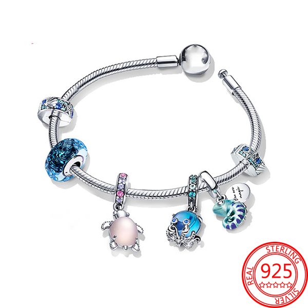 Neue beliebte 925 Sterling Silber Armbänder Sommer Marine Serie Rosa Schildkröte Octopus Charm Kit DIY Schmuck Mädchen Mode Accessoires Geschenk