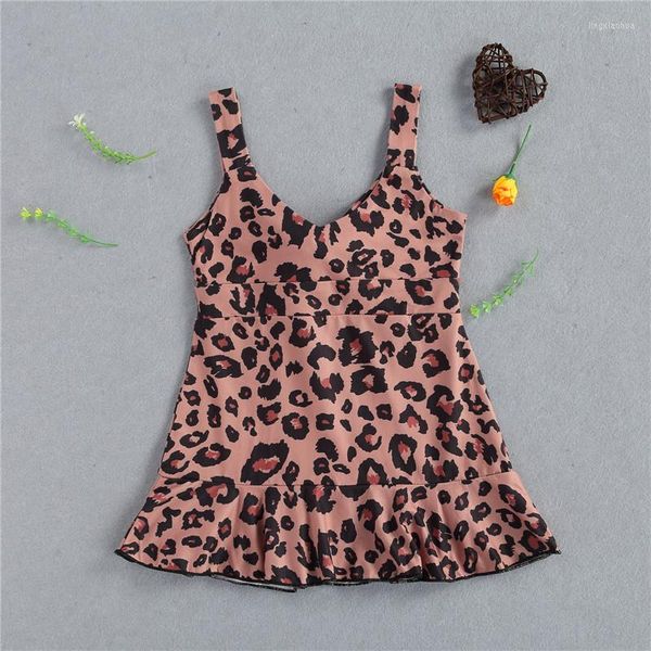 Roupas Define o vestido de verão da menina para crianças com estampa de leopardo com mangas com renda com banheira de banheira com babados no peito para crianças