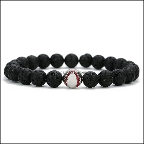 Charm Armbänder Kupfer Baseball Ball Charms Strang Armband 8mm Schwarz Lava Stein Perlen Vulkan Diy Ätherisches Öl Diffuse Dhseller2010 Dh4Am