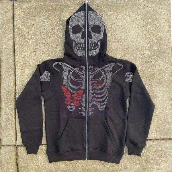 Erkek Hoodies Tam Zip Hoodie Erkekler Y2K Streetwear Hip Hop Tişörtü Kadın Boy Rhinestones İskelet Ceketler Genç Gotik Giysiler