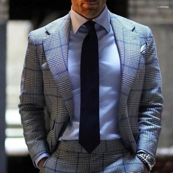 Abiti da uomo Blazer da uomo Plaid grigio Abito da uomo delicato su misura 2 pezzi Blazer Pantaloni monopetto Vestibilità slim formale da lavoro