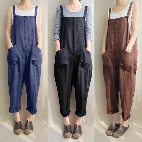 Damen-Overalls, Damen-Strampler, Sommer, Baumwolle, Leinen, für Damen, lässig, Knopftasche, lockere Overalls, Riemen, solide, einteiliger Strampler