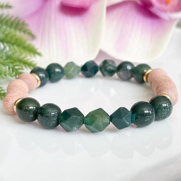 MG1568 Strand Womens Diamond Cutt Moss Agate Bracciale con perline Perline di legno Cristalli curativi Polso Mala Yoga Idee regalo