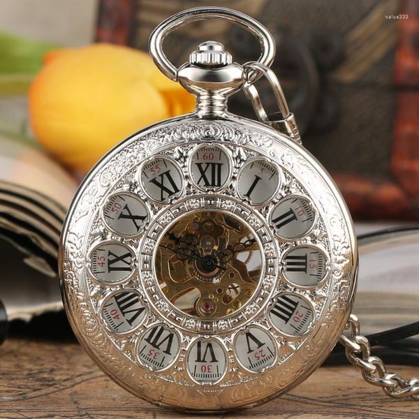 Taschenuhren Hohle Blumen Römische Ziffern Anzeige Mechanische Uhr Männer Handaufzug Anhänger Silber/Gold Fob Kette Manuelle Uhr