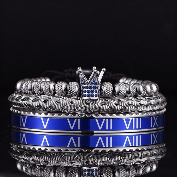 Bangle Luxury Roman Romane Royal Micro Pave Blue Cz Crown Sets Браслет мужчины из нержавеющей стали Pulseirasopen Регулируемые украшения 220831