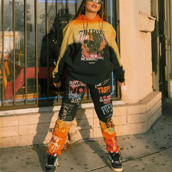 Frauen Zweiteilige Hosen Hip Hop Schädel Graffiti Brief Drucken Trainingsanzüge Warme Winter Kleidung Set Übergroßen Hoodie Lange Outfits 221130