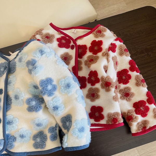 Piumino moda stile coreano agnello peluche fiore blu ragazze soprabito abbigliamento autunno per bambini su entrambi i lati 5 anni 221130