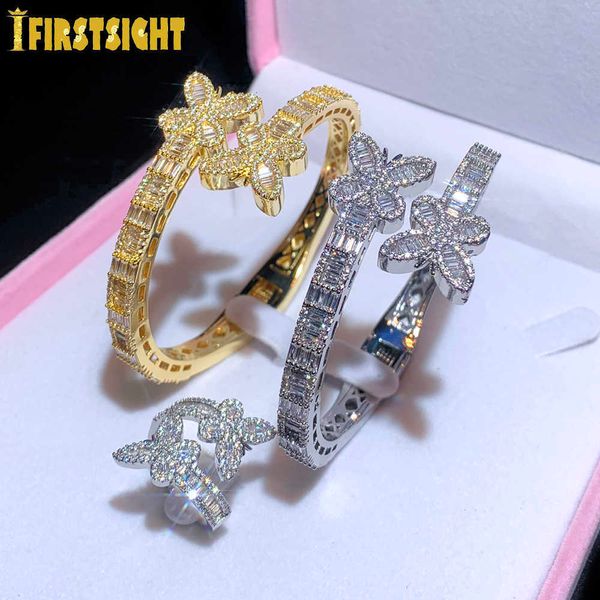 Cadeia de pulseira Iced Out Bling abriu Butterfly Charm Baguette AAA CZ Zircon Insets Bangle for Men Women Hiphop J￳ias de luxo