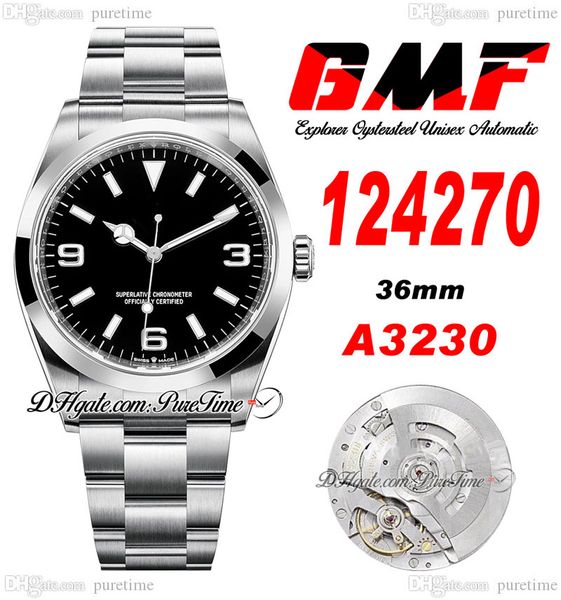 GMF Explorer I 124270 SA3230 Automatik-Unisex-Uhr, 36 mm, schwarzes Zifferblatt, weiße Markierungen, 904L Oystersteel-Armband, Super Edition, Herren- und Damenuhren von Puretime