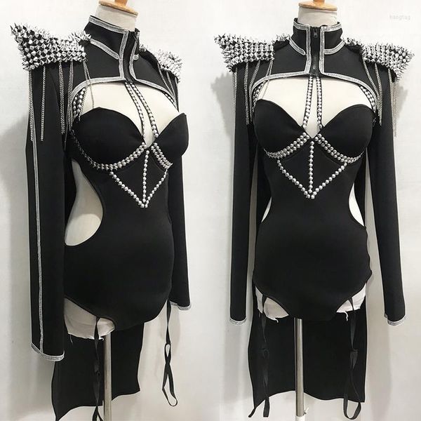 Сценический ночной клуб Gogo Dancer Older Girls Group Group Jazz Dance Costumes Punk Coat Sexy Hollow Out Bodysuit Kpop наряд vdb5674