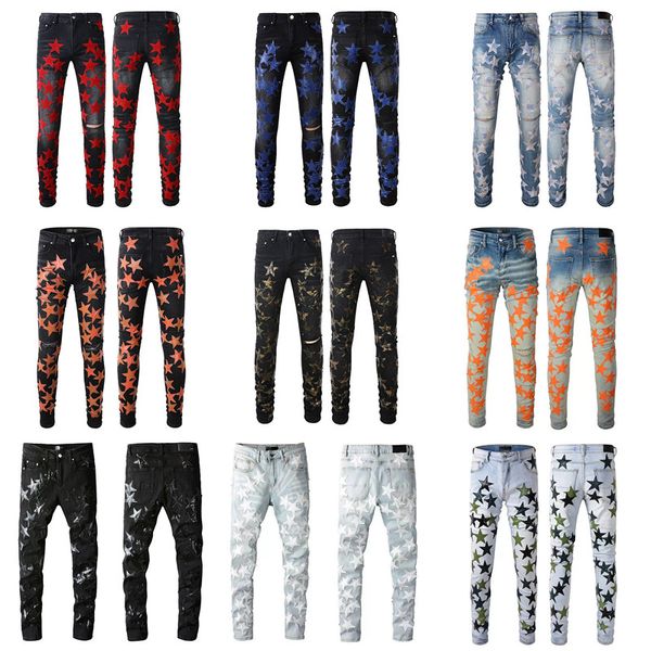 Jeans Masculino Calça Masculina Rasgada Designer Skinny Cinza Denim Biker Paint Distress Pant para Homem Bordado Slim Fit Stretch Motocicleta Estrela Hip Hop Perna Reta Streetwear