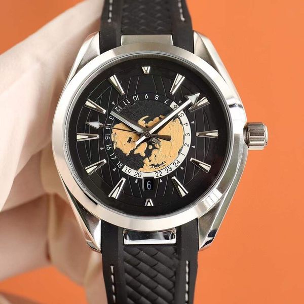 Klassische neue Männer automatische Datum mechanische Armbanduhr geometrische Weltzeitkarte Uhr blau schwarz Gummi leuchtende Erde Uhren physikalische Observatorium Uhr 40 mm