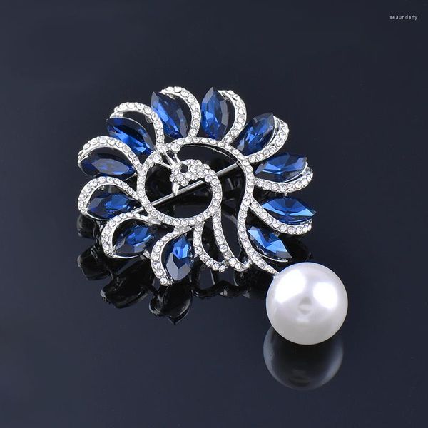 Broschen LEEKER Solide Pfau Perle Für Frauen Pin Mit Blauen Kubischen Zirkon Steinen Vintage Party Schmuck Zubehör Geschenk ZD1 XS2