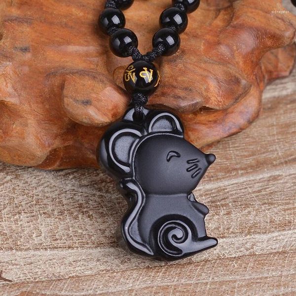 Anhänger Halsketten Natürliche Obsidian Tier Sternzeichen Ratte Jade Schmuck Glück Auspicious Amulett Halskette Fein