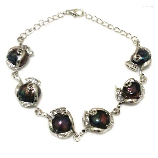 Strang 8 Zoll Silberkette Schwarzes Natürliches Barockperlenarmband für Frauen