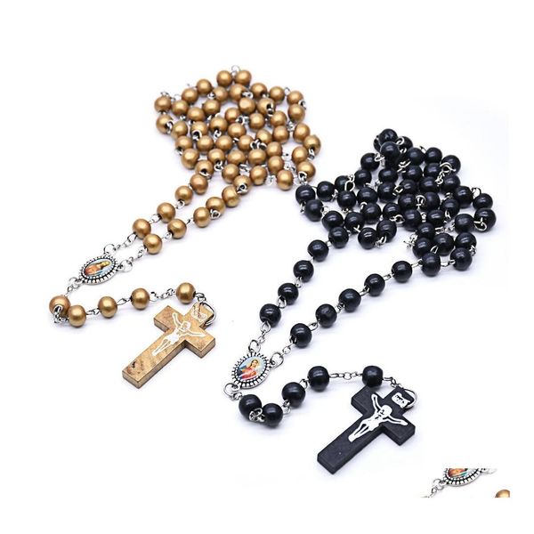 Подвесные ожерелья религиозные католические украшения Длинное дерево ожерелье с розарием крест для мужчин Женщины Золото черное ожерелье Dhmiy
