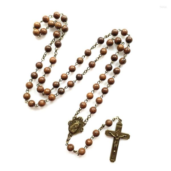 Colares de pendentes cruzam o colar de madeira de Jesus para homens, mulher de miçangas de madeira esculpidas para jóias católicas do Rosário Longo T8DE