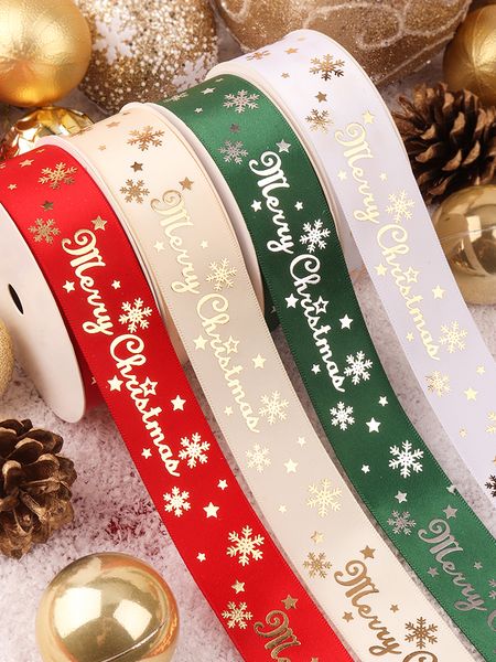 Decorações de Natal 25mm Fita de cetim Feliz Natal Goldsilver FOIL IMPRESSO PARA GRESTA DE NATAL DACOR DE CASA DIRE