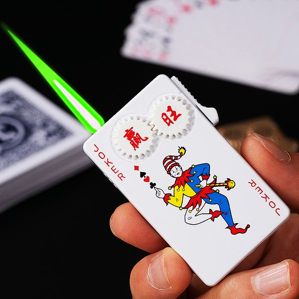 Neuartige Metall-Pokerausrüstung, Feuerzeug, Taschenlampe, winddicht, Spielkarten, Jet-Feuerzeug, aufgeblasen, Butangas, Zigarettenrauch, Feuerzeug, grüne Flamme