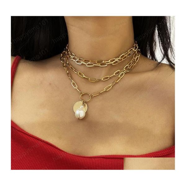 Anhänger Halsketten MTI Layer Imitation Perle Anhänger Halsketten Legierung Mode Lange Quaste Pullover Kette Für Damen Runde Gold Schmuck Dhudi