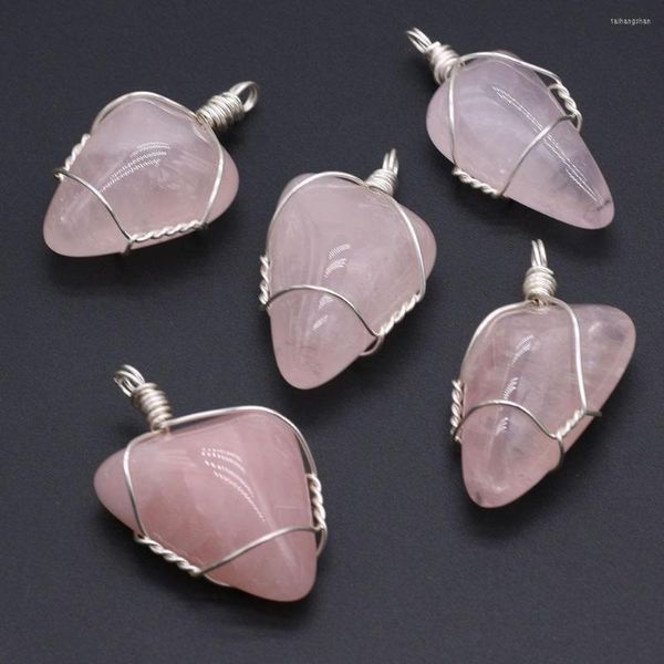 Colares pendentes por atacado 6pcs de pedra natural rosa quartzo sinuoso Prata irregular para joalheria feminina Fazendo acessórios de colar de bricolage presente