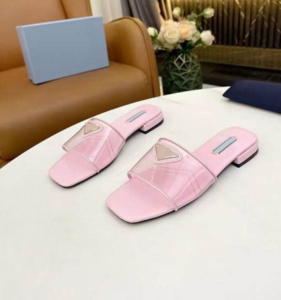 Pantofole leggere piatte da donna Sandali in pelle con pellicola trasparente di moda Spettacolo di lusso scarpe da spiaggia per interni ed esterni Confezione regalo taglia 35-43